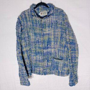 World Folk Art Blue Green Textured Wool Zip Front Light Jacket L